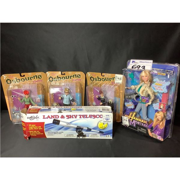 4 NEW TOYS: THE OSBOURNE FAMILY, HANNAH MONTANA & 1 ORBITOR LAND AND SKY TELESCOPE