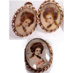 Antique Hand painted PORTRAIT Brooch earrings #2139587