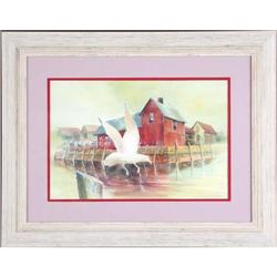 MacIsaac watercolor pier birds maritime boats #2152585