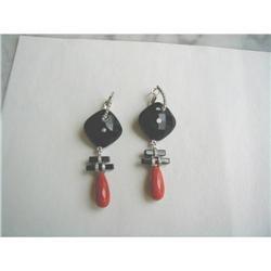 ESTATE CORAL/BLACK ONYX/DIA. PENDANT EARRINGS #2152979