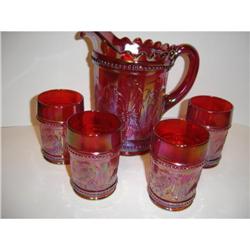 RED CARNIVAL GLASS PITCHER AND 4 TUMBLERS #2153081