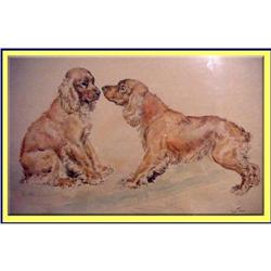 ORIGL WC PAINTING SPANIEL DOGS LISTED 19C PARIS#2153480