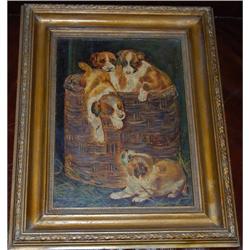 Antique Oil on Board Dog in Basket Painting  #2164664