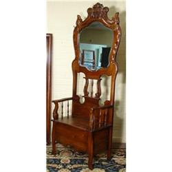 WALNUT ANTIQUE VICTORIAN MIRROR HALL TREE BENCH#2165539