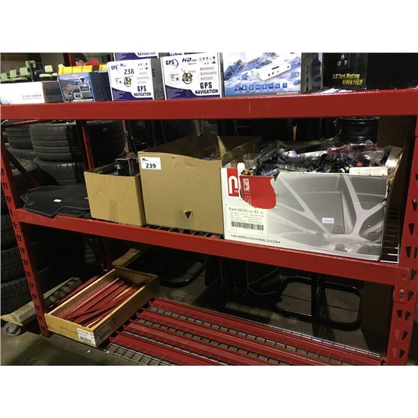 SHELF OF ASSORTED CAR ACCESSORIES INCLUDING LIGHT UP SHIFT KNOBS, LED LIGHTING AND CAR MATS