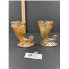 Image 1 : Vintage Marigold Pressed Carnival Glass Cornucopia Vases 6" Tall