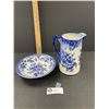 Image 2 : Vintage English Blue and White 7" Pitcher and Bowl