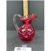 Image 2 : Beautiful English Circa 1880 Cranberry Glass Jug Applied Clear Handle Great Condition