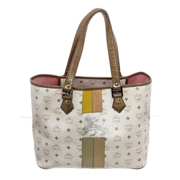 MCM White Gold Leather Canvas Shopper Tote Bag