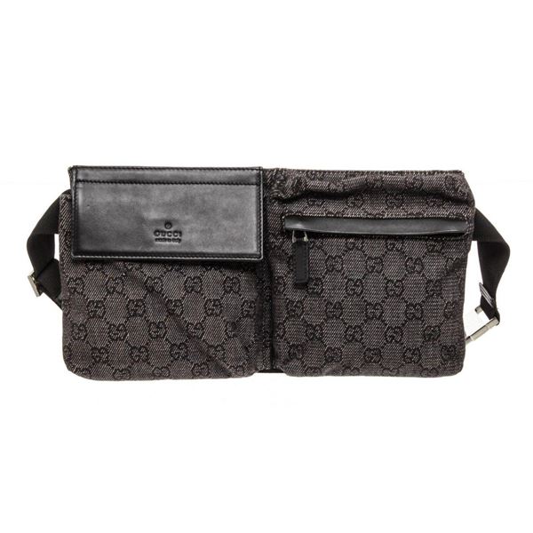 Gucci Black Gray GG Canvas Leather Trim Waist Bag