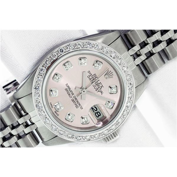 Rolex Ladies Stainless Steel Pink Diamond 18K Gold Bezel Datejust Wristwatch Wit