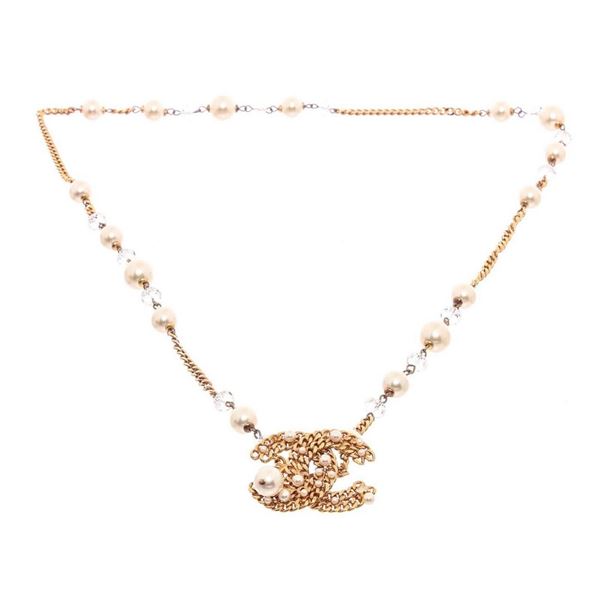 Chanel Faux Pearl  Crystal CC Pendant Necklace