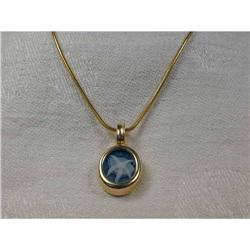 14K YG Blue Carved Shell Agate Cameo Pendant #2127549