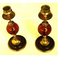 Pair of Antique Brass, Onyx & Amber Candlestics#2138421