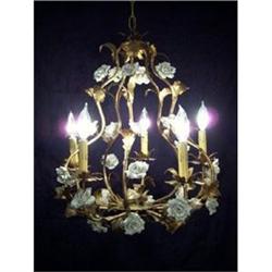 Antique Gilt  Porcelain Rose Tole Chandelier #2151644