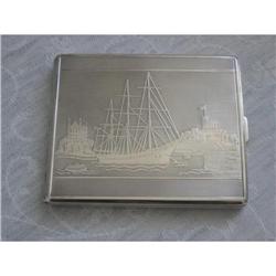 Antique Silver Cigarette Case with a Ship #2152023