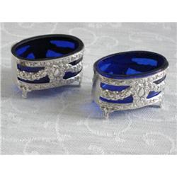 Antique Silver Salt Cellers with Blue Glass #2152024