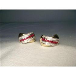 Estate 14K YG Diamond Ruby Huggie Earrings #2152185