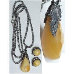 Antique Russian Amber sterling necklace & ER #2152265