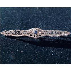 Antique 14K WG, Ceylon Sapphire Diamond Bar Pin#2163981