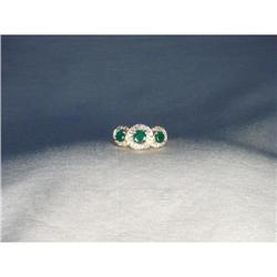 14K Gold Tri-Stone Emerald Diamond Pave Ring #2164166