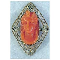 10K Victorian red coral cameo diamond shaped #2150948
