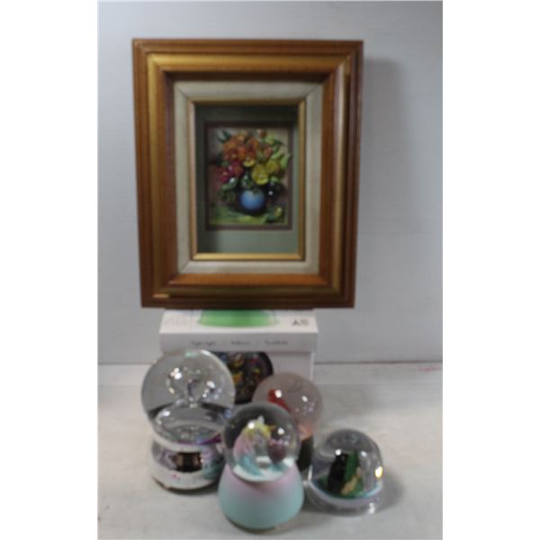 BOX WITH SNOW GLOBES AND PAPER TOLE PICTURE