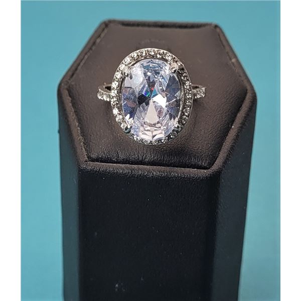 13)  OVAL CLEAR CZ HALO RING,  SIZE 8.