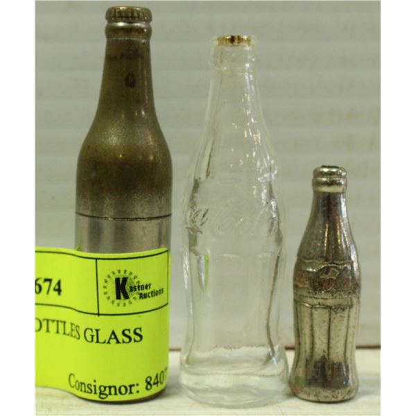 3 VARIOUS MINI BOTTLES GLASS AND METAL