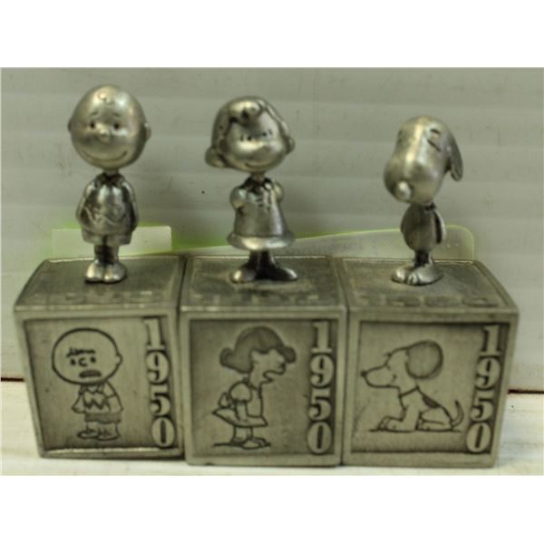 3 HALLMARK PEANUTS PEWTER FIGURES 5 DECADES