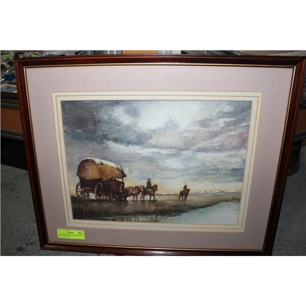 SIGNED WESTERN WAGON TRAIN SETTLERS ART