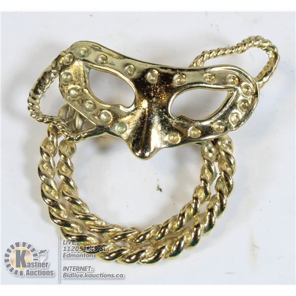 GOLD TONE PARTY MASK BROOCH