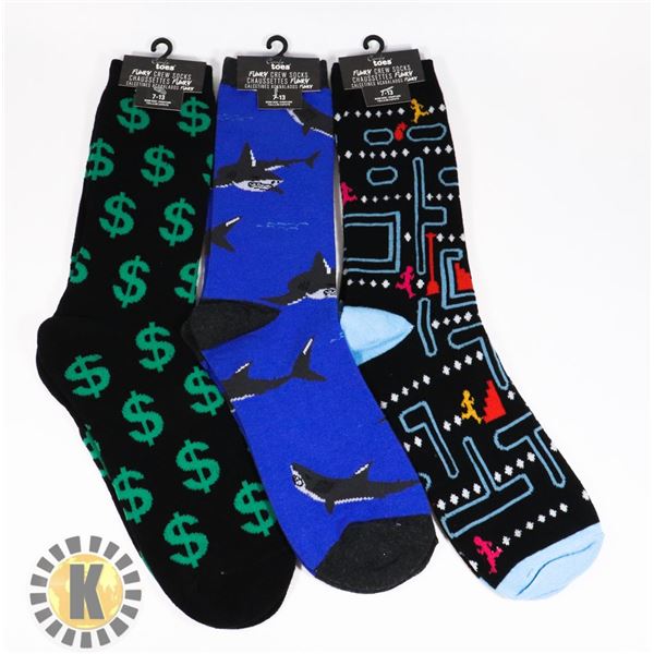 THREE NEW PAIRS OF MENS FUN PATTERN SOCKS