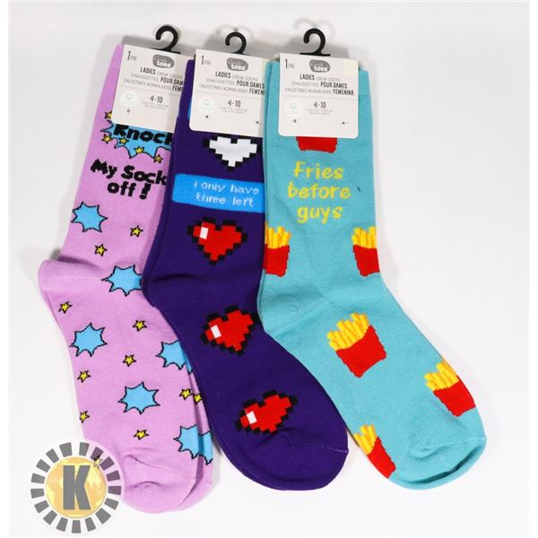 THREE NEW PAIRS OF WOMENS FUN PATTERN SOCKS