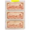 Image 2 : LOT OF 3 X 1954 CANADIAN $2 BILLS