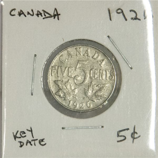 1926 CANADIAN FIVE CENT NICKEL COIN - KEY DATE