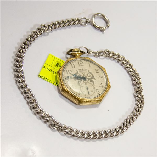 VINTAGE ELGIN OCTAGON SHAPE POCKET WATCH W/ FOB