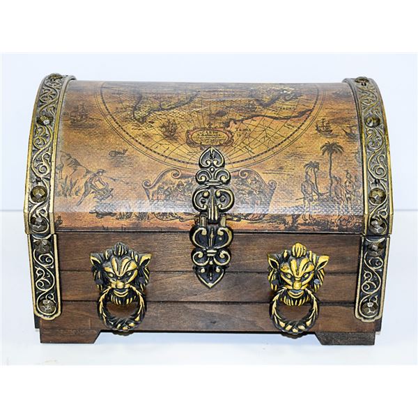WOODEN CHEST W/ 2 EMPTY SCOTCH DECANTERS W/ 4