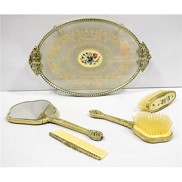 VINTAGE 5PC VANITY SET W/ GLASS TRAY, MIRROR, COMB