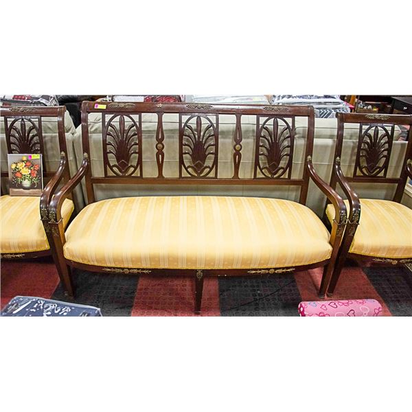 VINTAGE 3PC UPHOLSTERED SEATING SET WITH BRASS