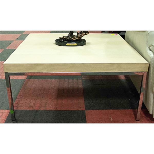 BLONDE WOOD COFFEE TABLE WITH CHROME LEGS