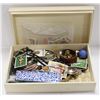 WOODEN BOX W/ MIXED VINTAGE JEWLLERY, BUTTONS, PIN