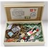 WOODEN BOX W/ MIXED VINTAGE JEWLLERY, BUTTONS, PIN