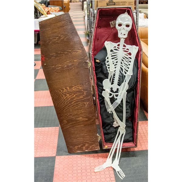 WOOD COFFIN WITH HANDLES,SKELETON INSIDE ON BLACK