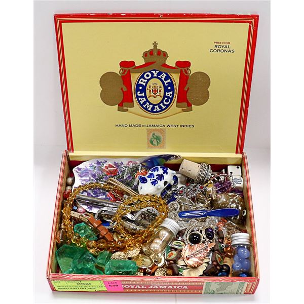 VINTAGE CIGAR BOX FILLED W/ MIXED JEWLLERY, PINS,