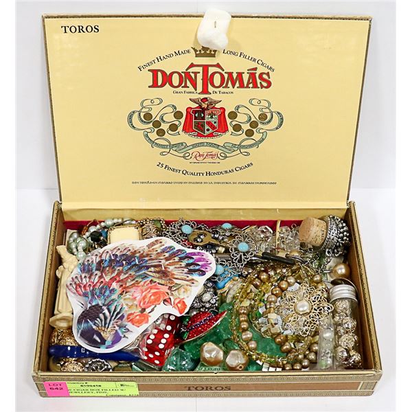 VINTAGE CIGAR BOX FILLED W/ MIXED JEWLLERY, PINS,