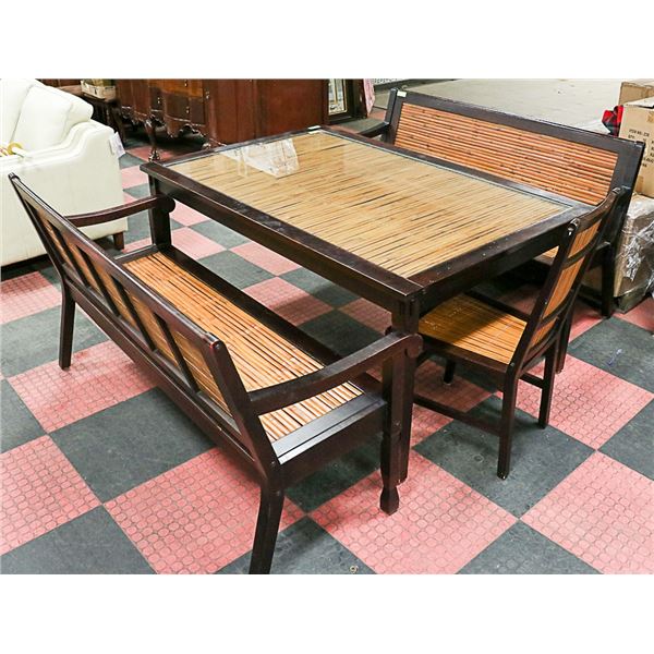 WOOD & BAMBOO GLASS TOP TABLE WITH 2 BENCHES &