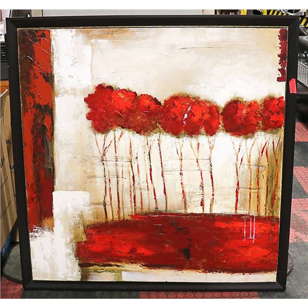 FRAMED PAINTING OF RED TREES ON CANVAS 43" X 43"