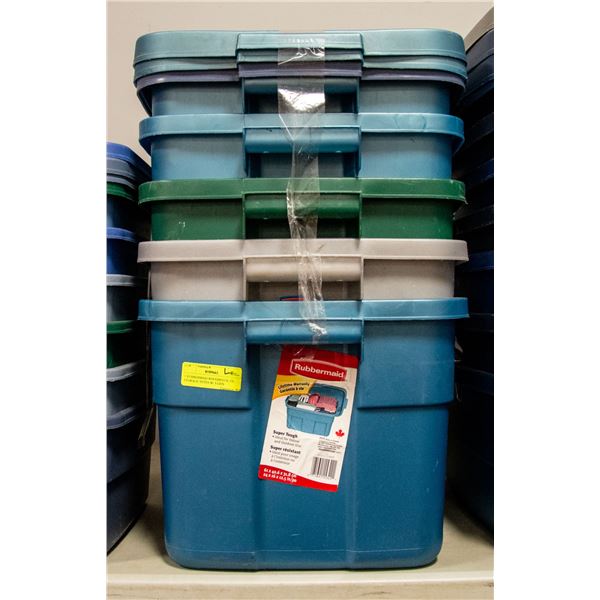 5 RUBBERMAID ROUGHNECK 53L STORAGE TOTES W/ 3 LIDS