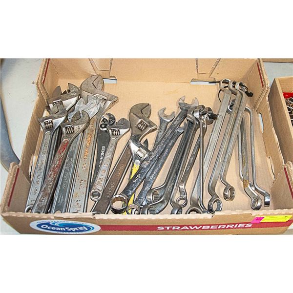 FLAT LOT OF ADJUSTABLE WRENCHES AND MORE